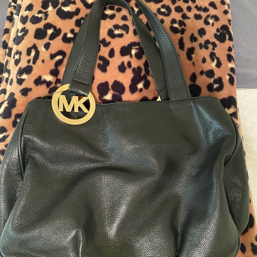 Michael Kors Black Leather Shoulder Bag with Gold Accent